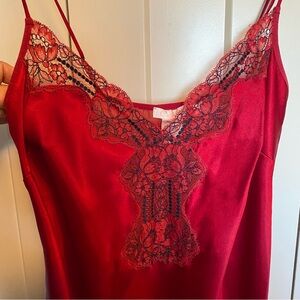 Red Lace Trim Sexy Nightgown with adjustable Spaghetti Straps